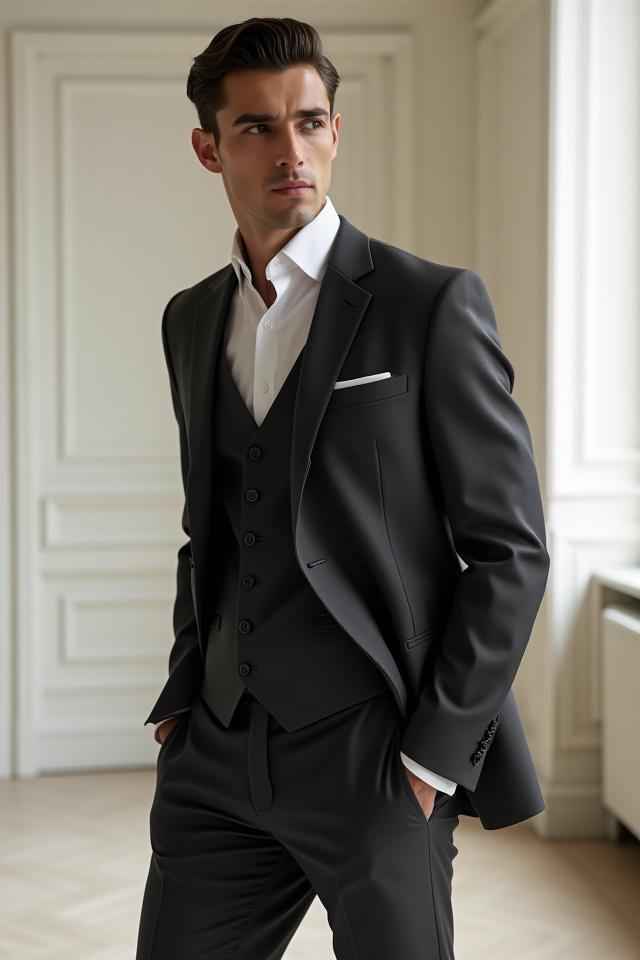 Modèle en costume trois pièces gris anthracite, coupe ajustée avec revers en pointe, dans un intérieur lumineux