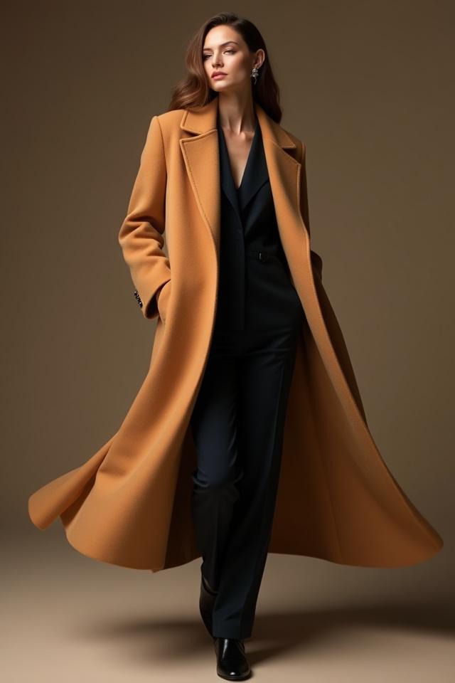 Modèle en manteau long de cachemire couleur camel, élégamment drapé sur une tenue formelle