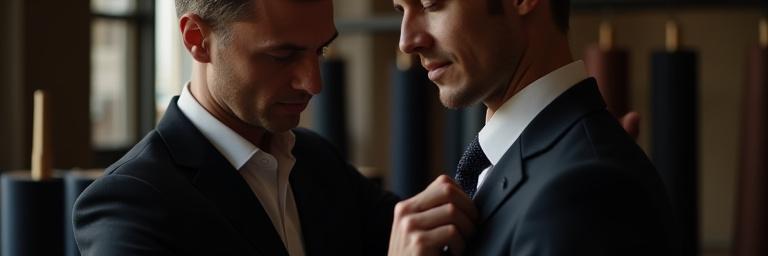 Un tailleur mesurant un client pour un costume sur mesure, dans un atelier traditionnel avec des rouleaux de tissu.