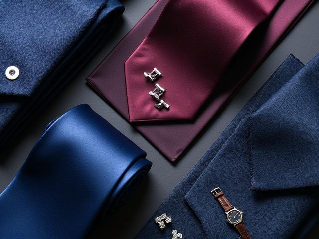 Sélection d'accessoires de luxe pour homme: cravates en soie, boutons de manchette, pochettes.